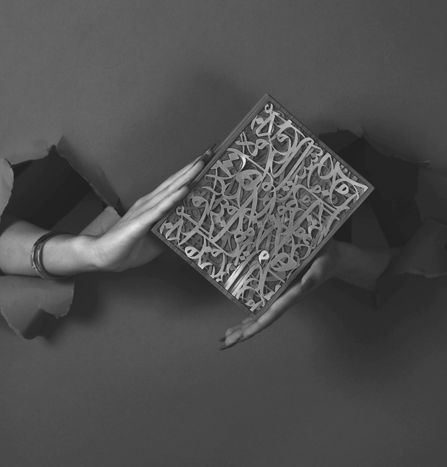 Overlapping Caligraphy steel x wooden clutch